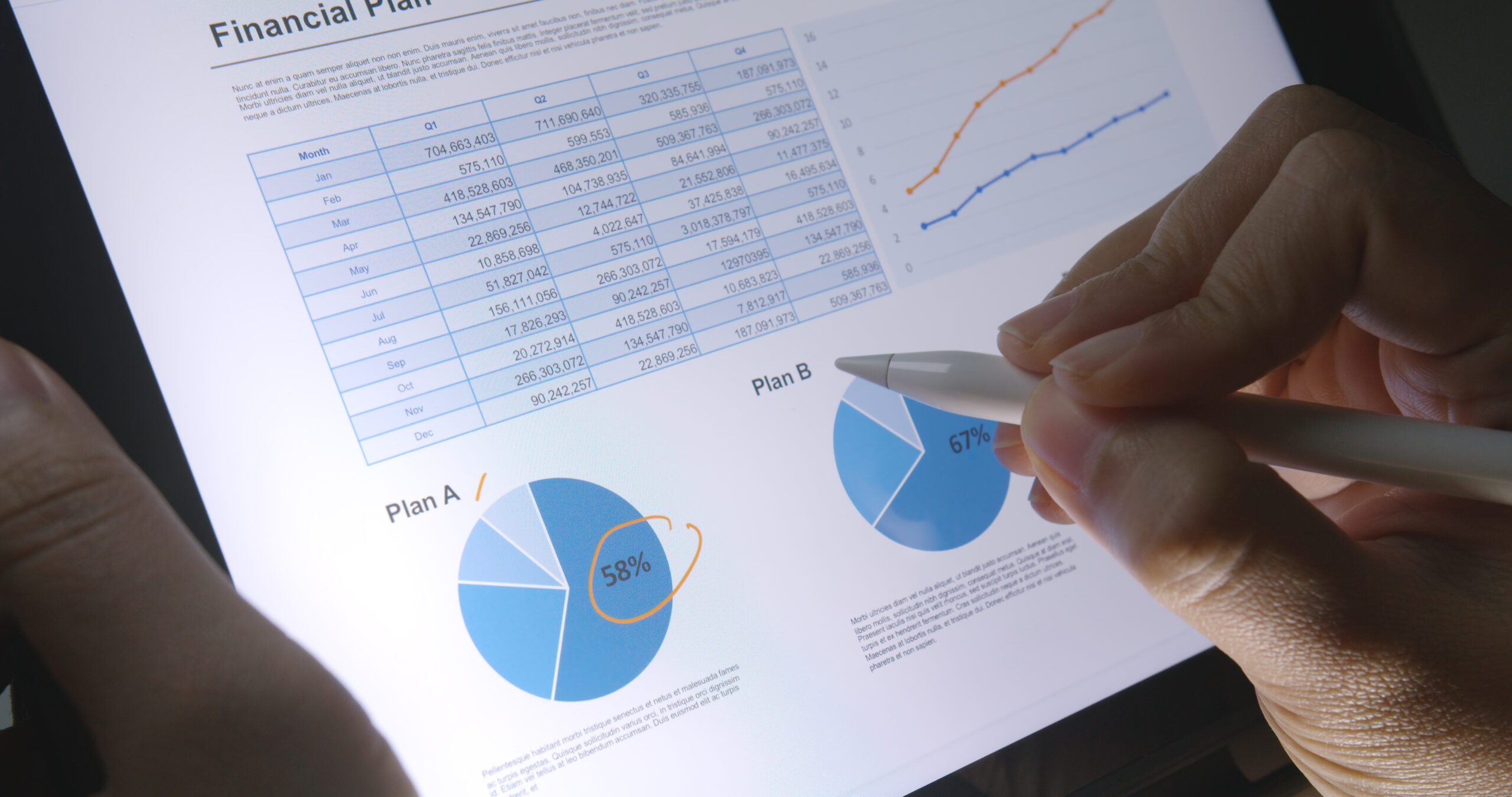 close up hand use pen write check growth data number on touch sc